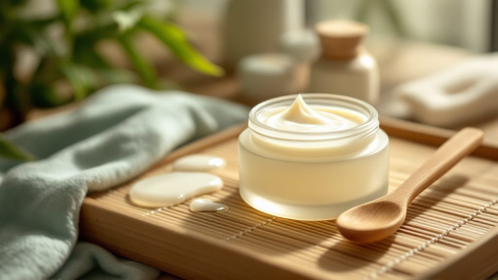 Cleansing balm on bamboo surface with natural light